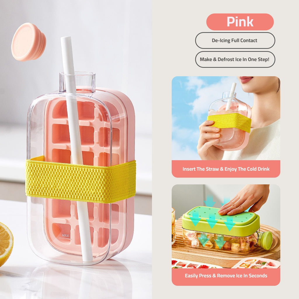 2 in 1 Ice Cube Maker Water Bottle, One- Click Ice Mould Tray with Lid, Bin & Straw 2 in 1 Ice Cube Maker Water Bottle, One- Click Ice Mould Tray with Lid, Bin & Straw