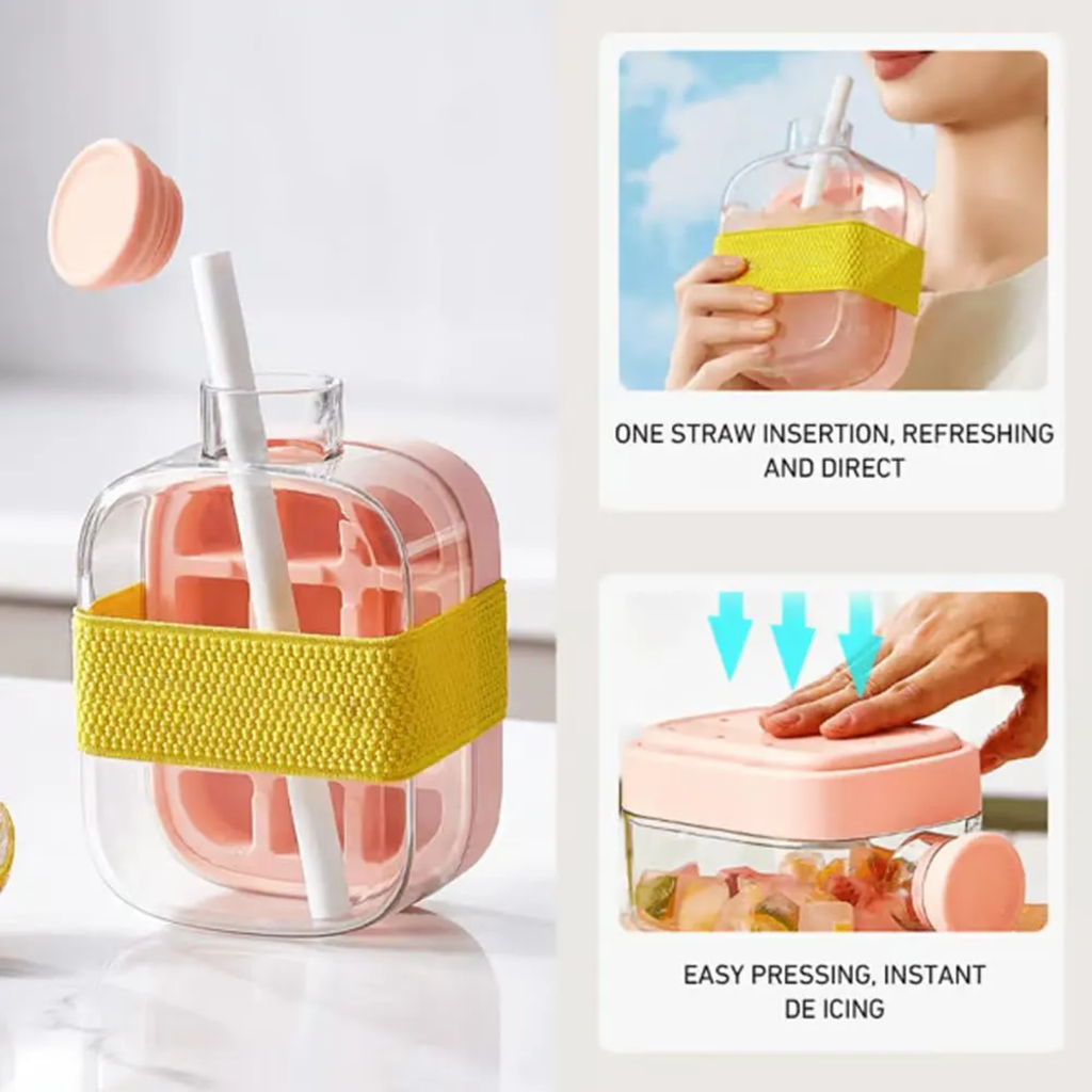 2 in 1 Ice Cube Maker Water Bottle, One- Click Ice Mould Tray with Lid, Bin & Straw 2 in 1 Ice Cube Maker Water Bottle, One- Click Ice Mould Tray with Lid, Bin & Straw