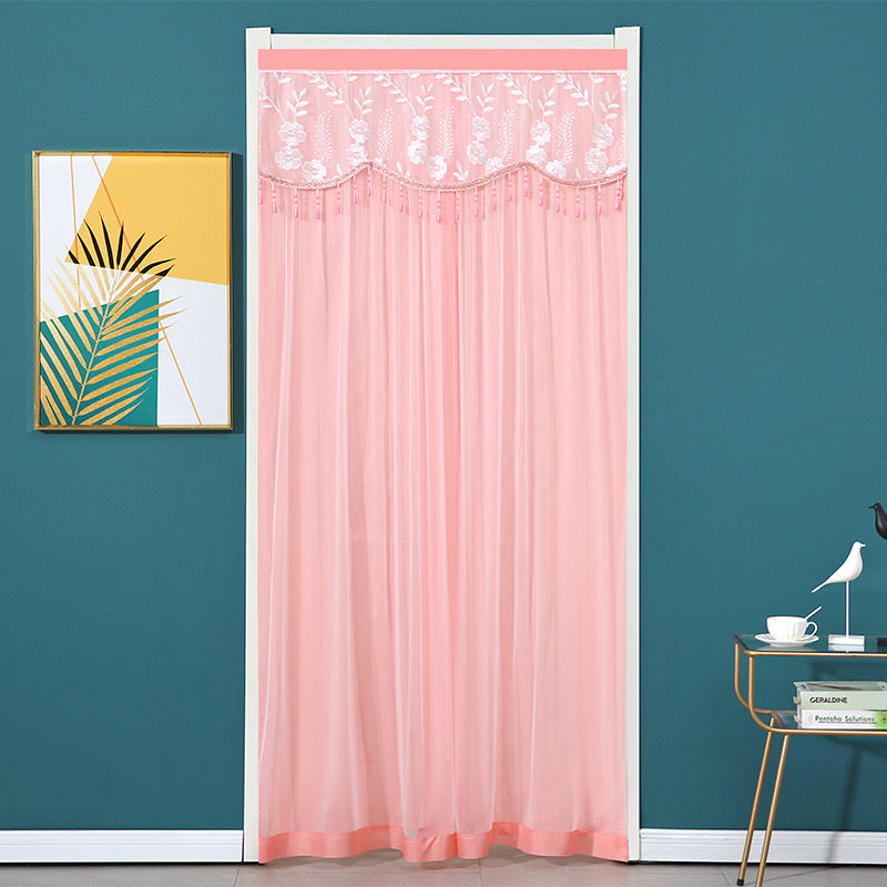 Pink Double-Layered Lace Curtains.