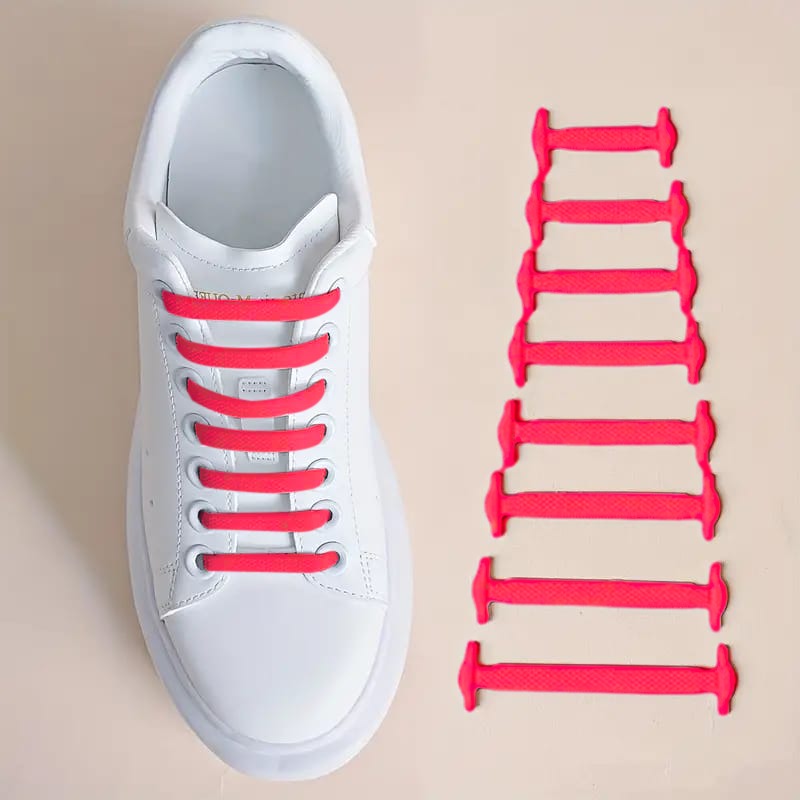 Pink Silicone No Tie Creative Shoelaces Fixed on Shoe.