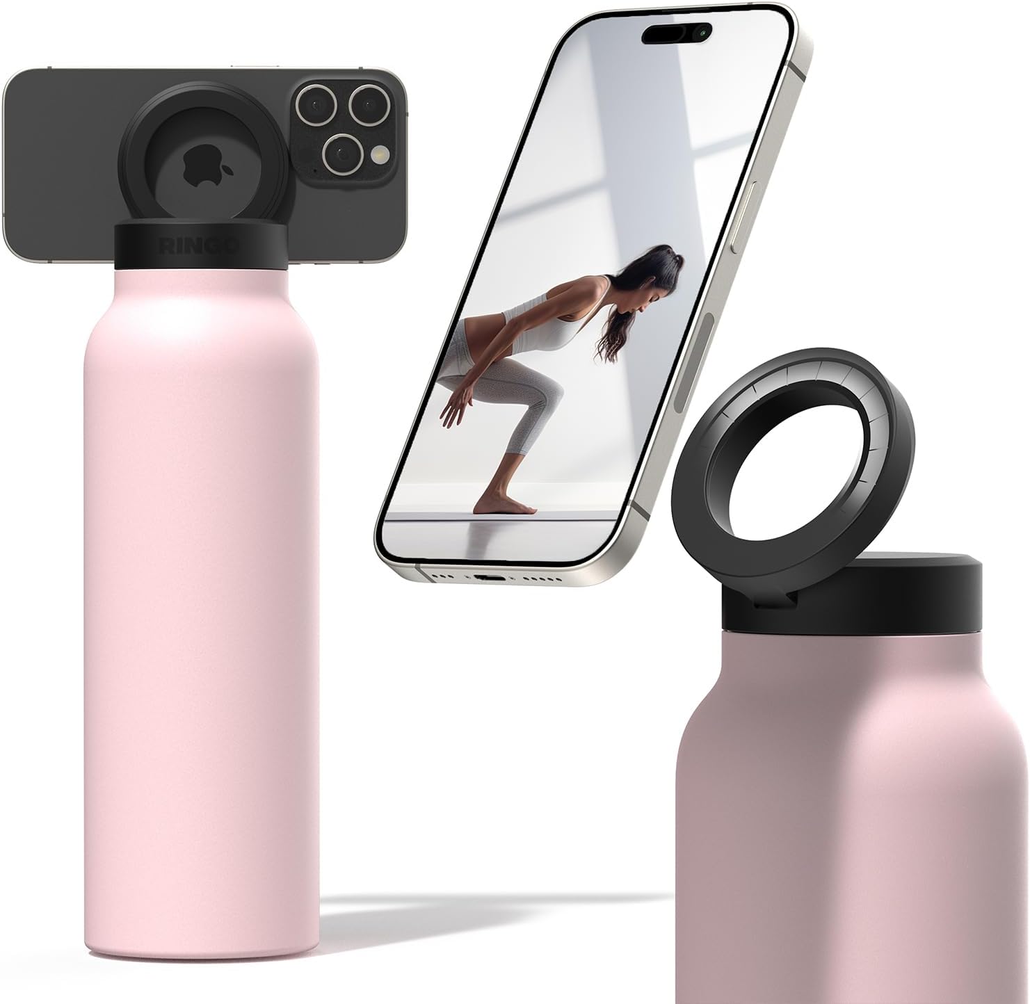 Pink Stainless Steel Vacuum Water Bottle With MagSafe Magnetic Phone Holder.