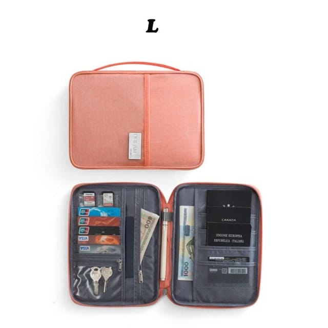different sides of the Travel Passport and Document Organizer Bag in pink color