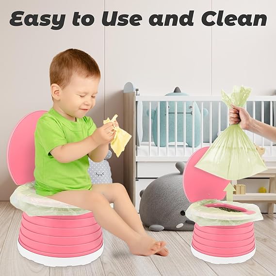 Boy on pink travel potty.