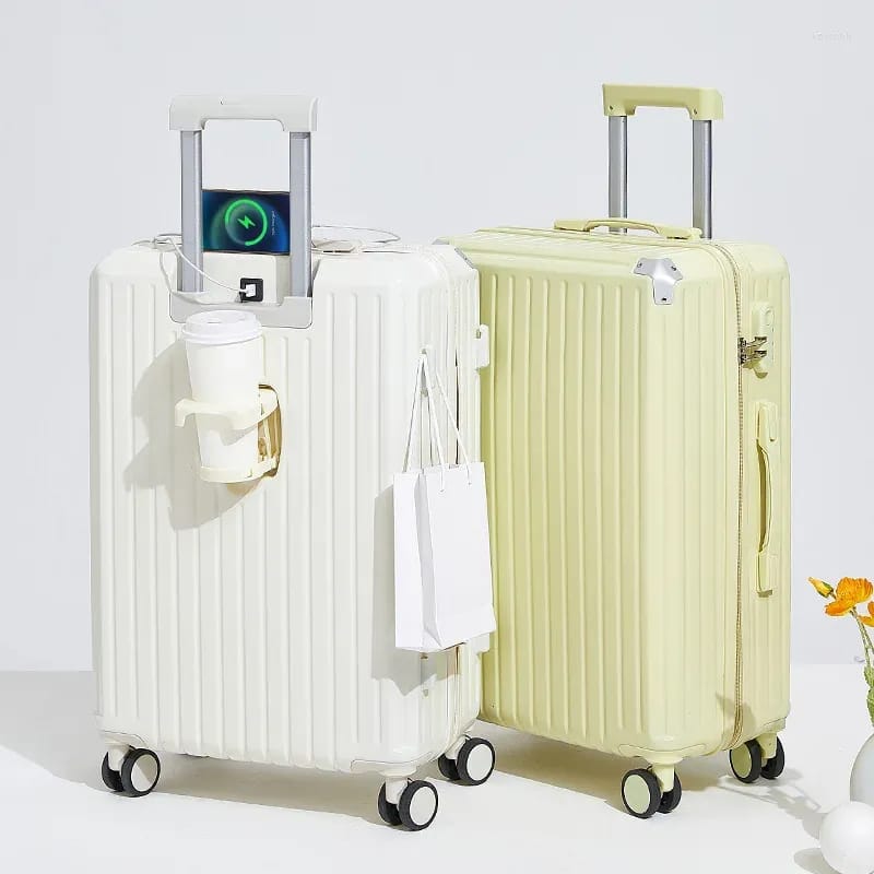 White and Yellow Carry-On Luggage Trolley Bags With USB Charging and Cup Holder.