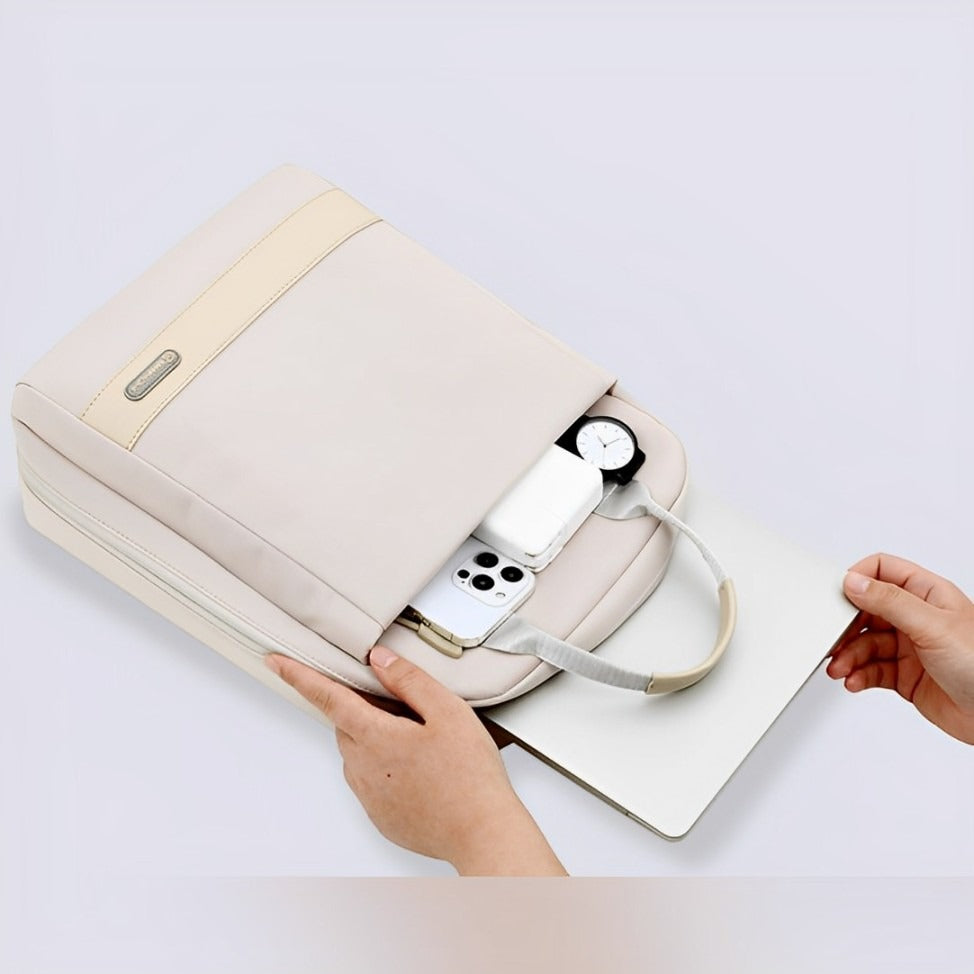 A Person is Placing Laptop in to  Stylish  Laptop Backpack with USB Charging.