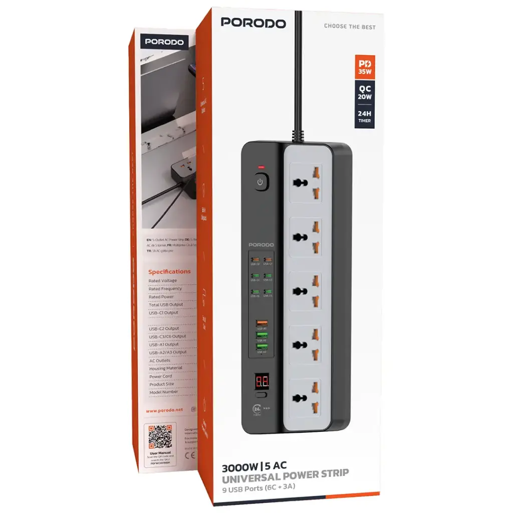 Package of Porodo 3000W Universal 5AC Universal Power Strip.