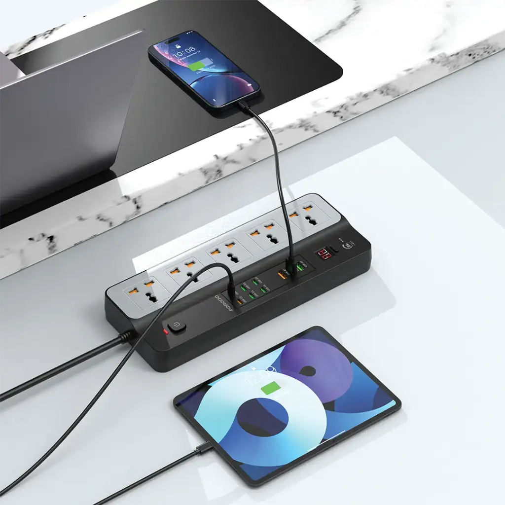 Multiple Devices are Connected to Porodo 3000W Universal 5AC Universal Power Strip.