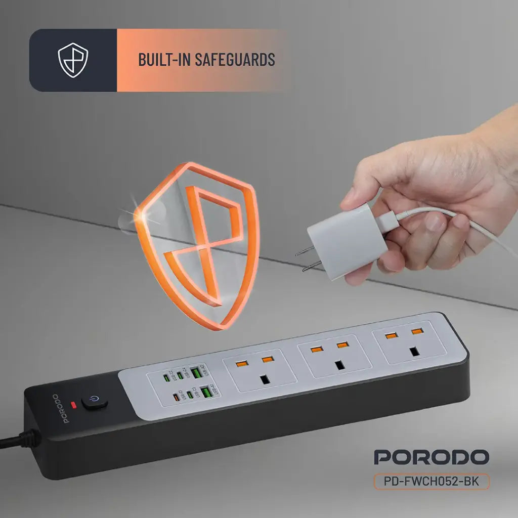 A Person is Connecting Charger to Porodo 3-AC Power Strip.