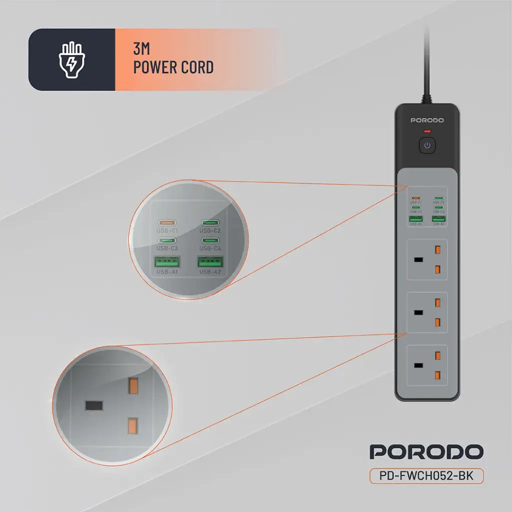 Parts Details of Porodo 3-AC Power Strip.