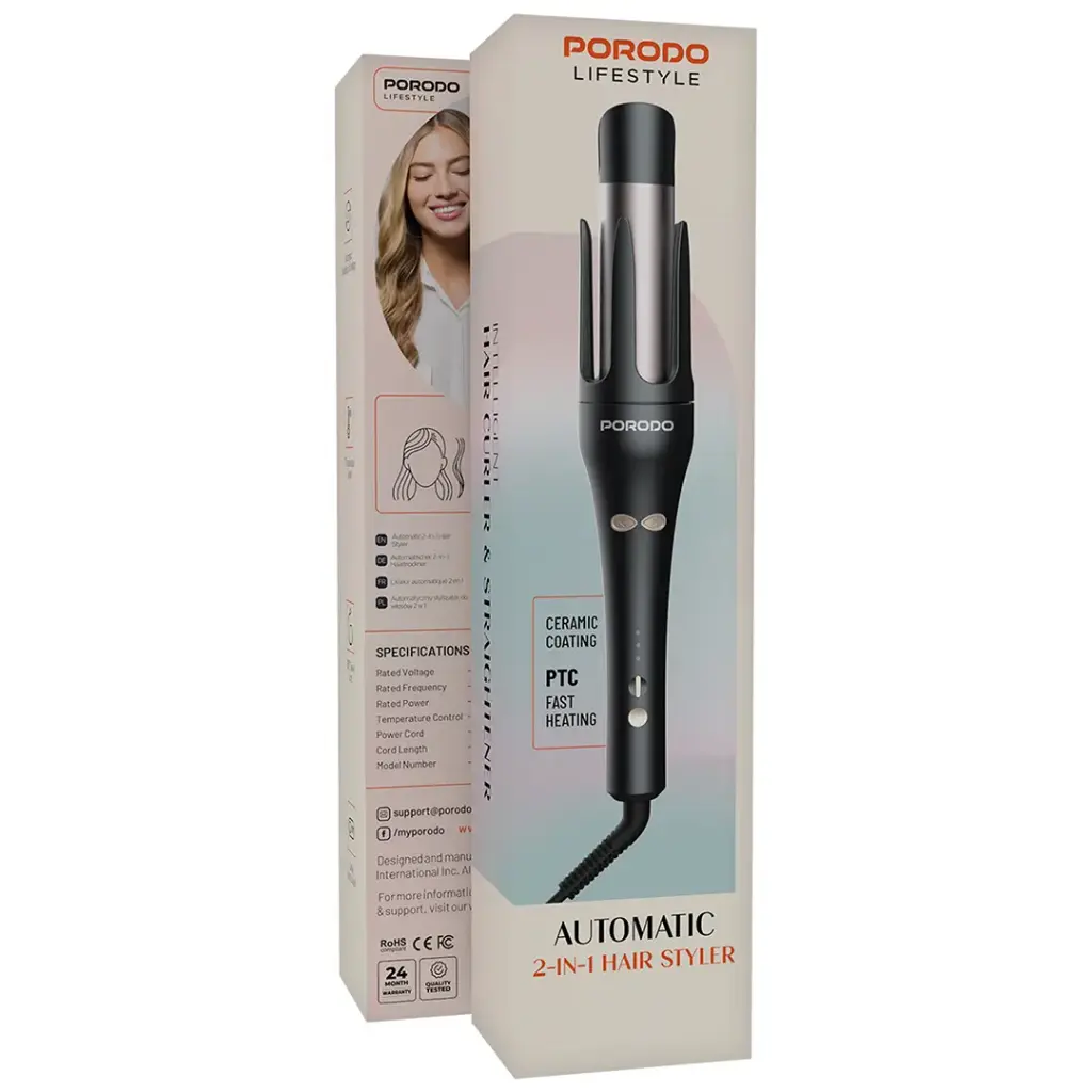 Porodo Lifestyle Automatic 2-In-1 Hair Styler, Fast Heating Hair Curler & Straightener
