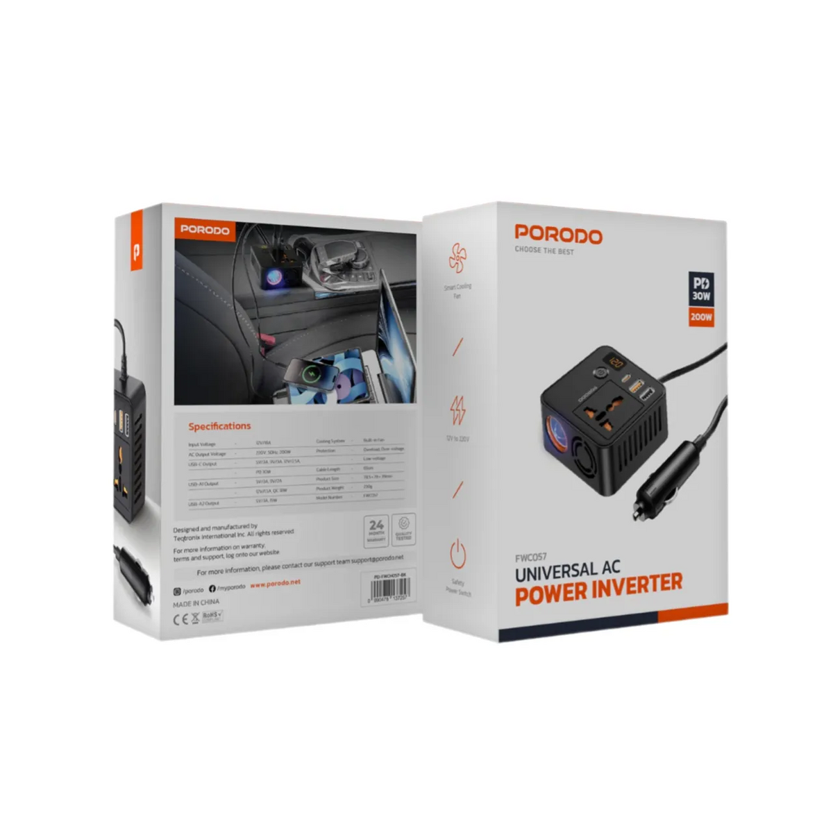 Porodo universal AC power inverter packaging on a white background