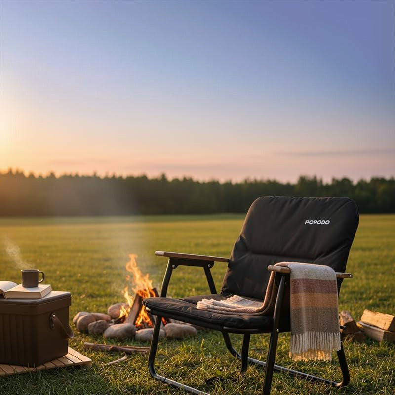 A Porodo Foldable Camping Chair is arranged in a camping area.