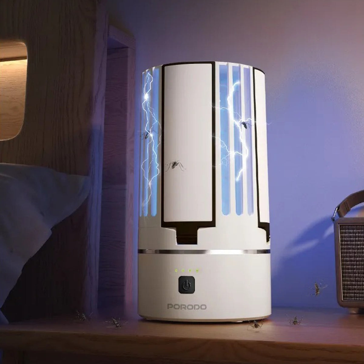 Porodo Portable 2-In-1 Insect Killer Lamp placed inside a modern Bedroom