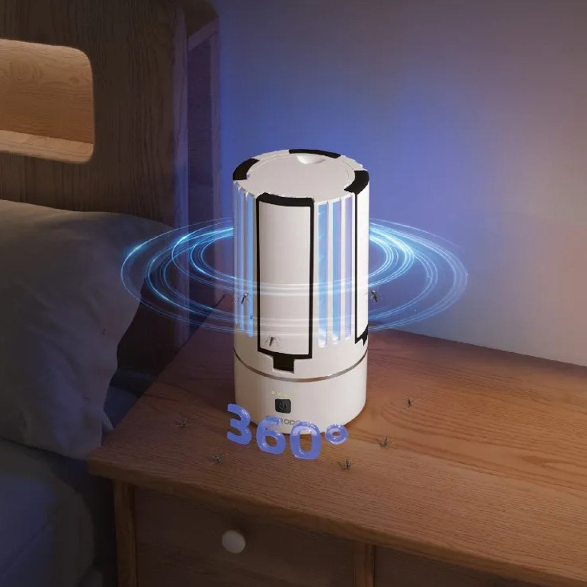 Porodo Portable 2-in-1 Insect Killer Lamp placed on a bedside table, featuring 360° insect attraction technology for indoor protection