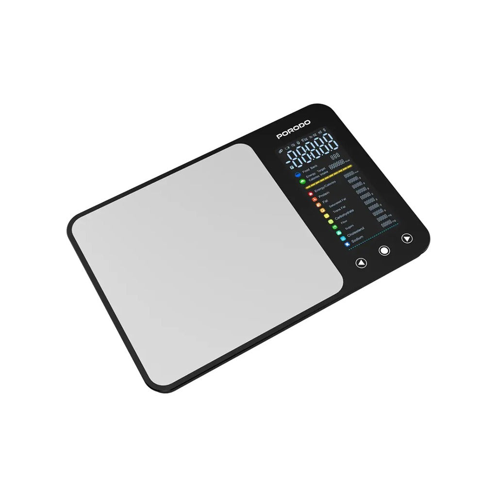 Porodo Kalio Smart Food Kitchen Scale   with a black display and silver platform on a white background