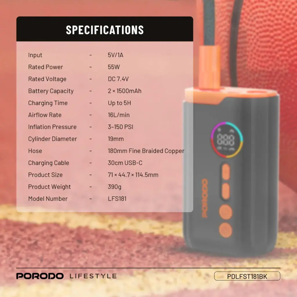 Specification of Porodo Lifestyle Electric Air Inflator.