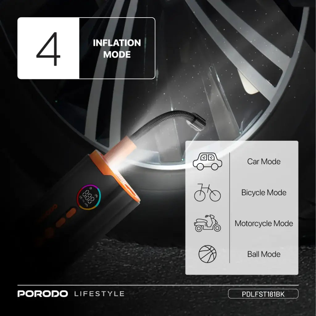 Porodo Lifestyle Electric Air Inflator is used to inflate car tyre.