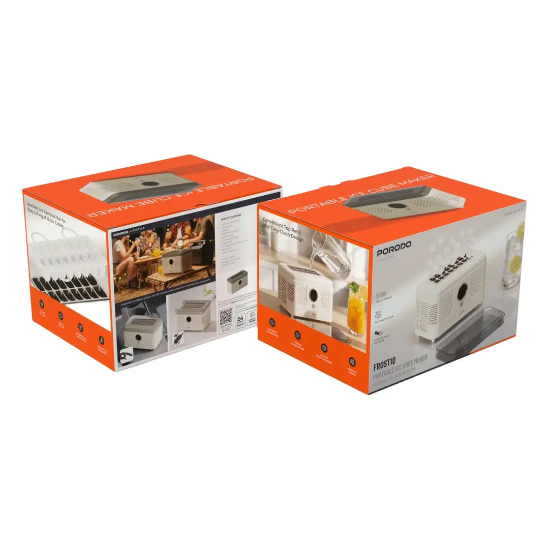 Two retail boxes for a PORODO FrostIQ Portable Ice Cube Maker on a plain white background, showing both front and side/back views of the packaging.