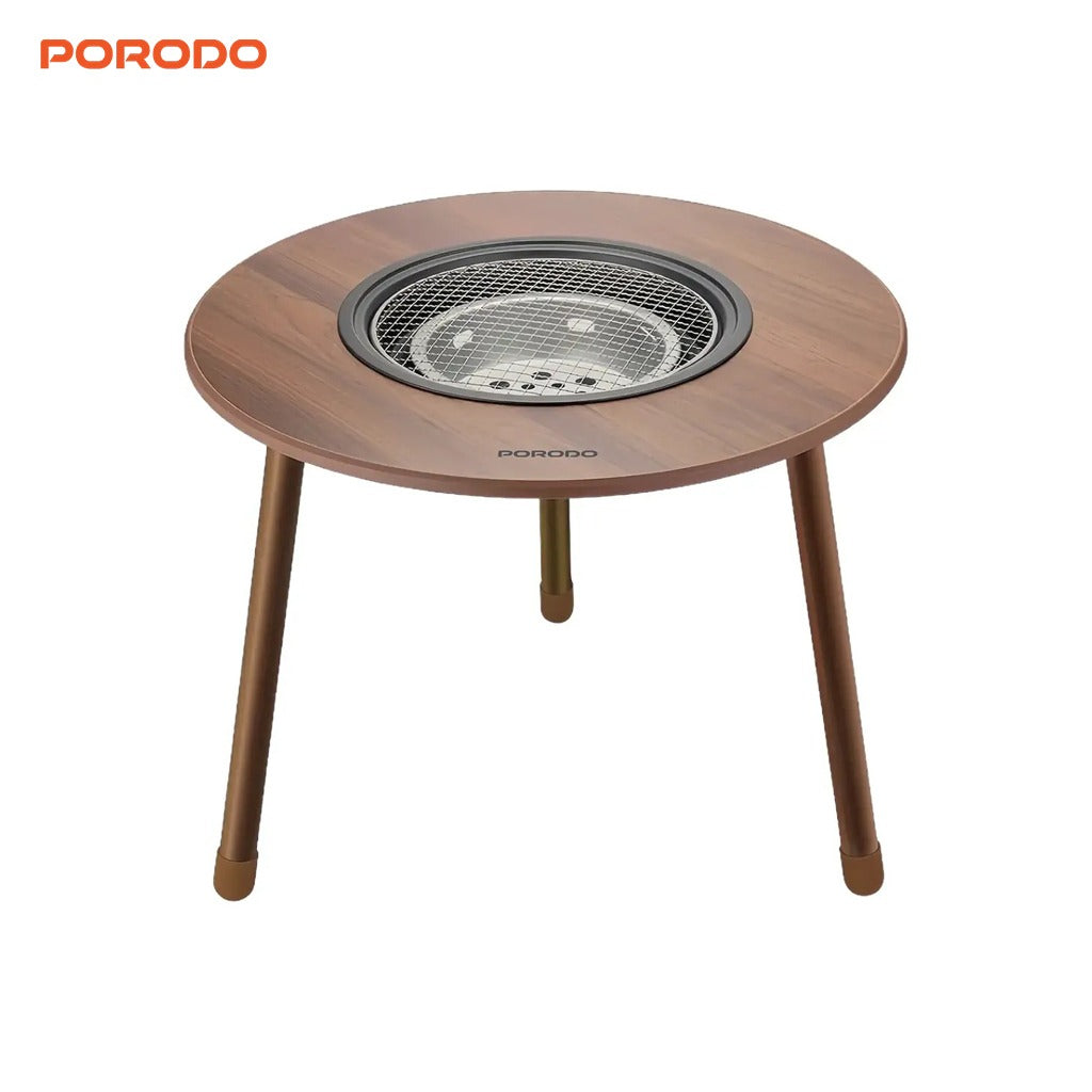 Wooden table with a grill on a white background, branded 'PORODO'.