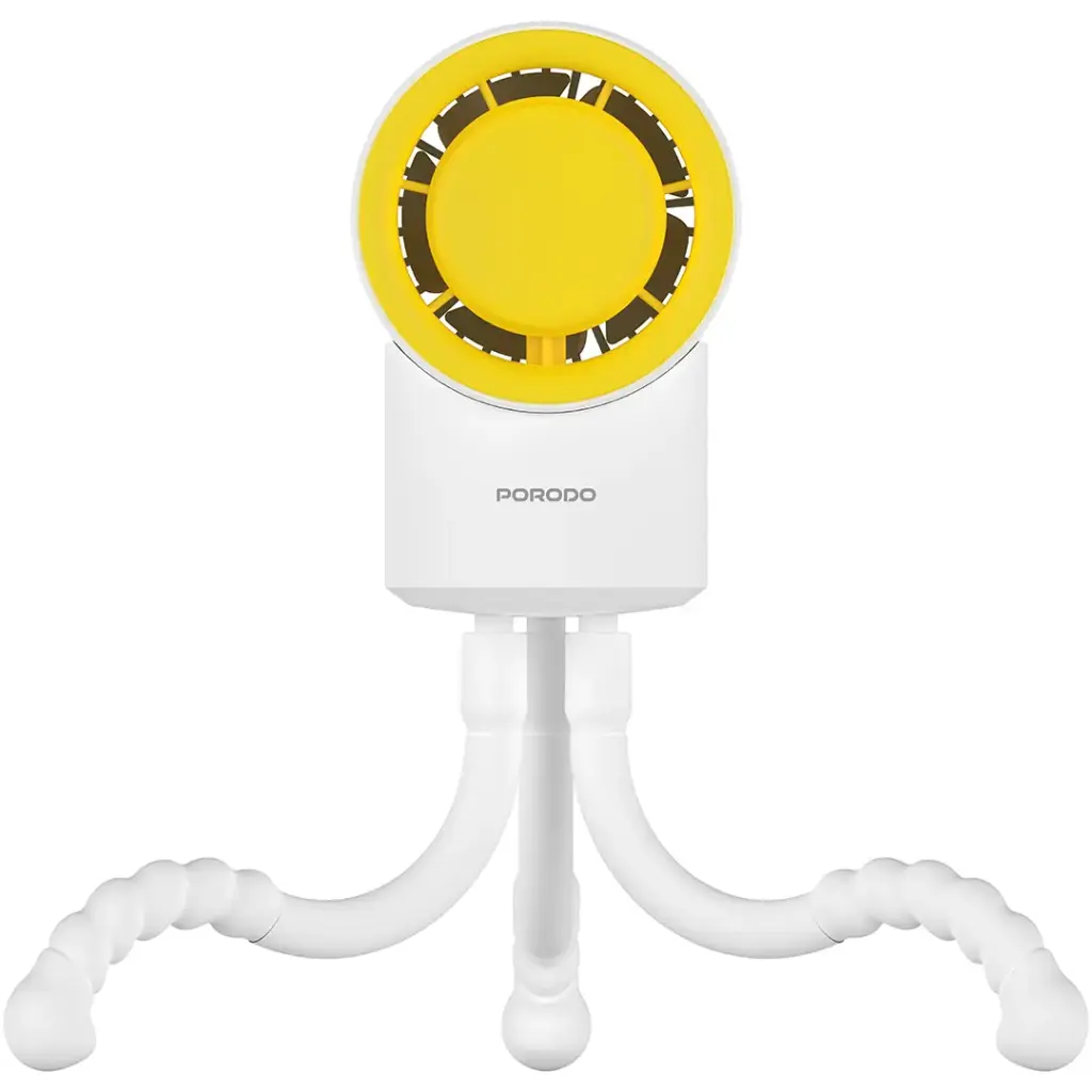 White and yellow Porodo CoolFlex Mini Handheld Fan on a white background
