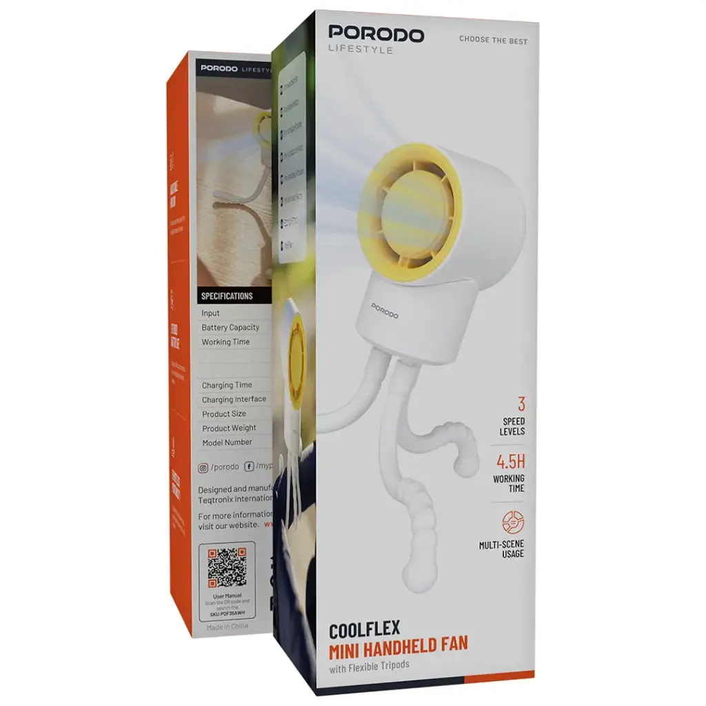 Porodo Coolflex mini handheld fan packaging on a white background