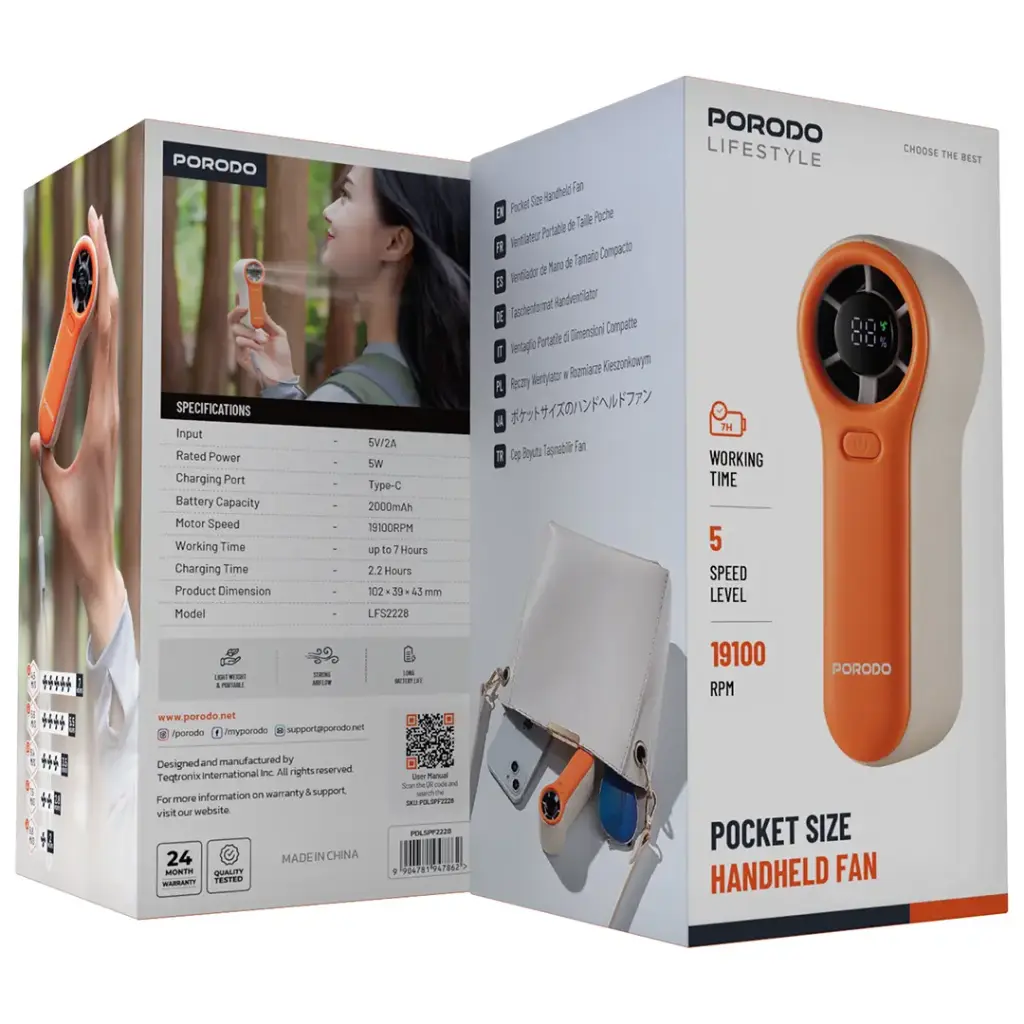 PORODO Pocket Size Handheld Fan, Rechargeable Mini Fan with 5 Speed Levels - LFS2228 PORODO Pocket Size Handheld Fan, Rechargeable Mini Fan with 5 Speed Levels - LFS2228