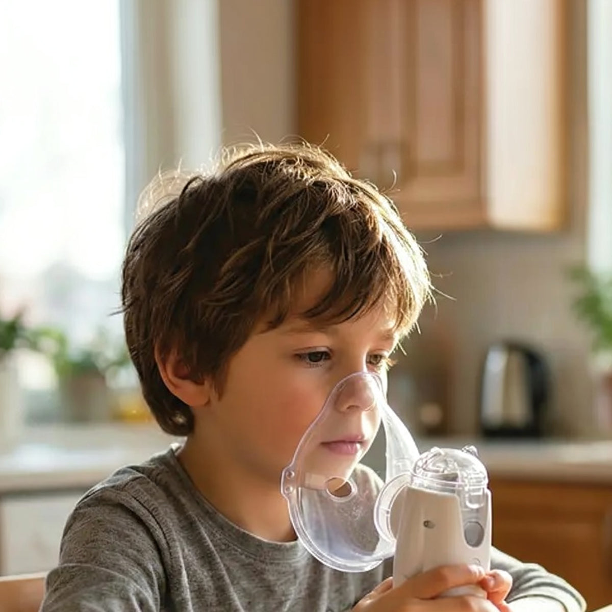 A boy using a Porodo portable nebulizer machine for comfortable respiratory care