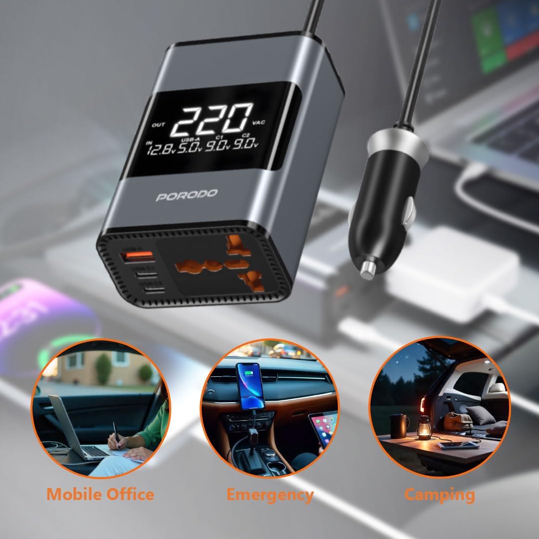 PORODO car charger with digital display and multiple uses shown, including mobile office, emergency, and camping scenarios.