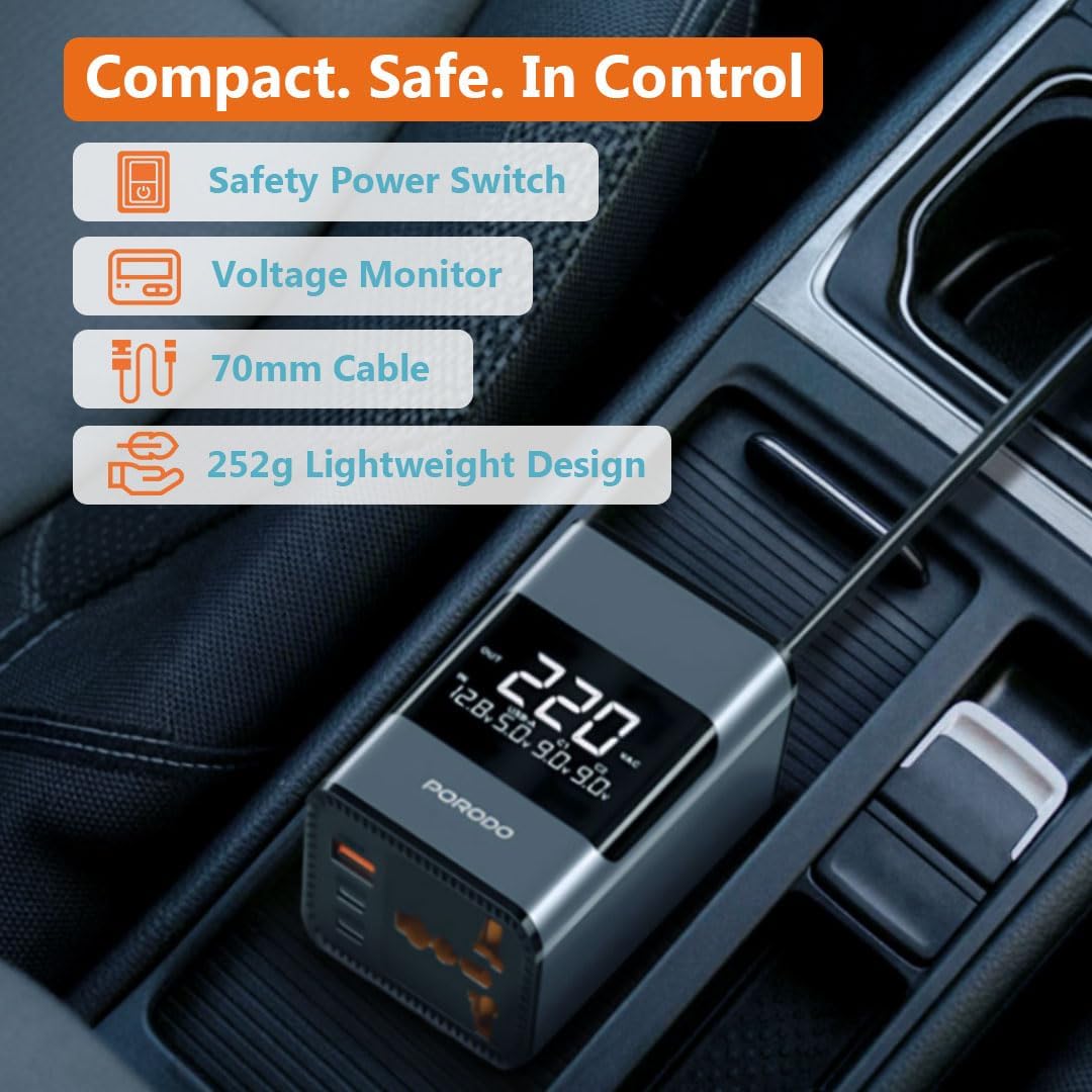 Porodo Universal AC Car Power Inverter with digital display in a car cup holder, featuring safety features and specifications.