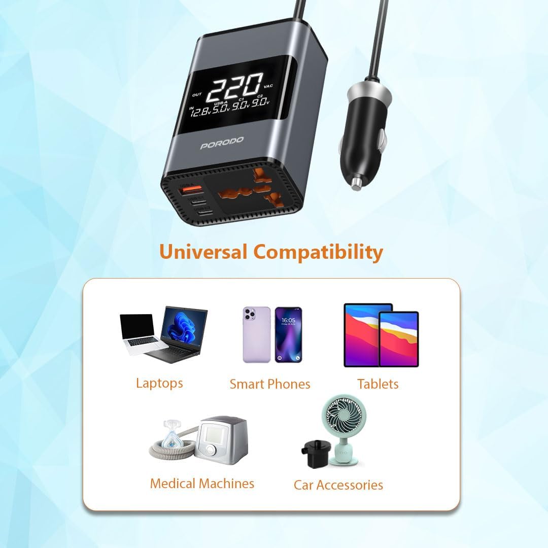 Universal compatibility chart of Porodo Universal AC Car Power Inverter with electronic devices and a power adapter on a light blue background