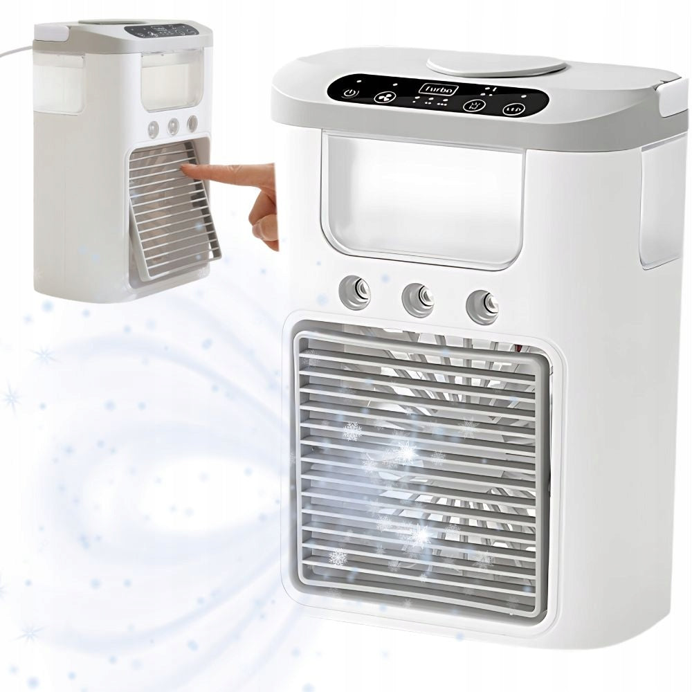 A Person is Adjusting Portable Air Cooler Fan.