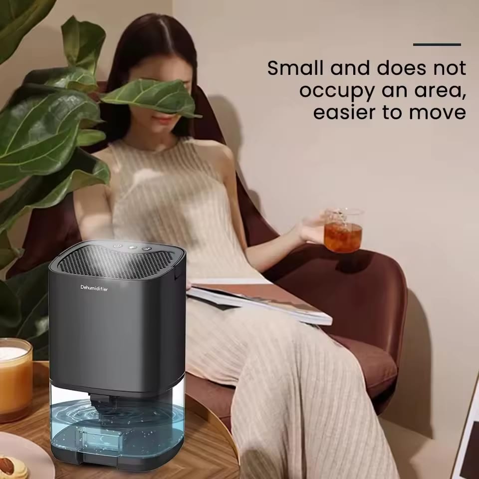 A Women is Drinking Tea By Placing  Portable Air Dehumidifier Nearby.