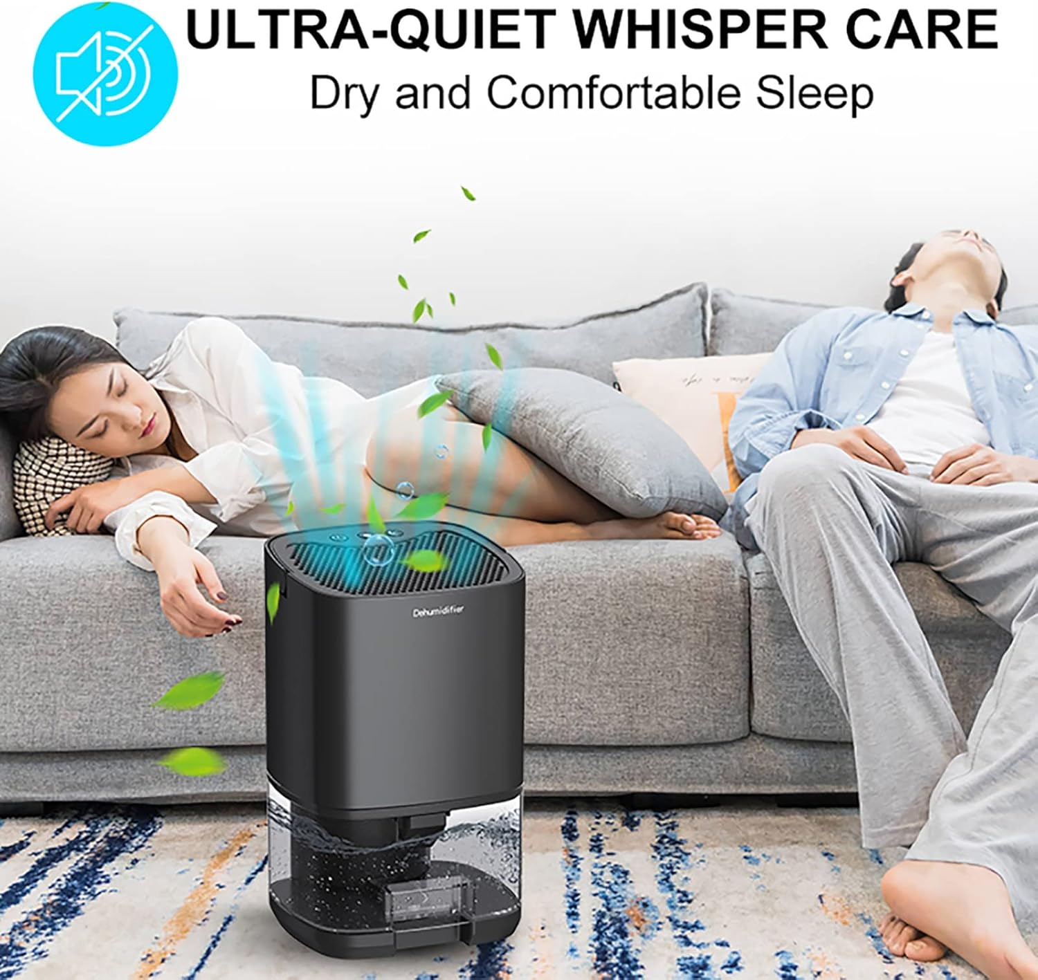 A Couple is Resting in a Sofa by Keeping Portable Air Dehumidifier in a ON Mode.