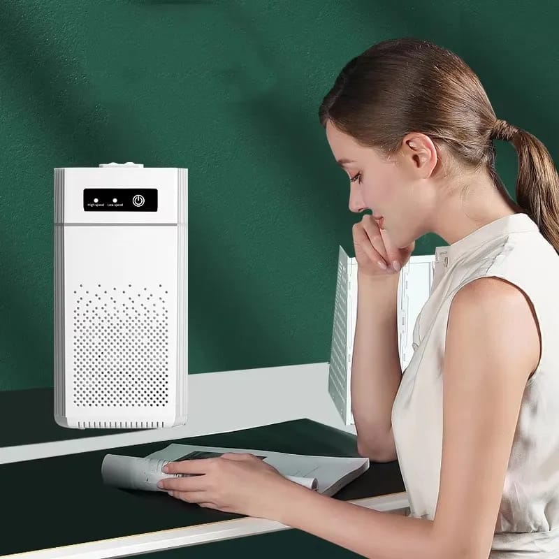 A Women is Reading Booking By Placing Portable Air Purifier Nearby.