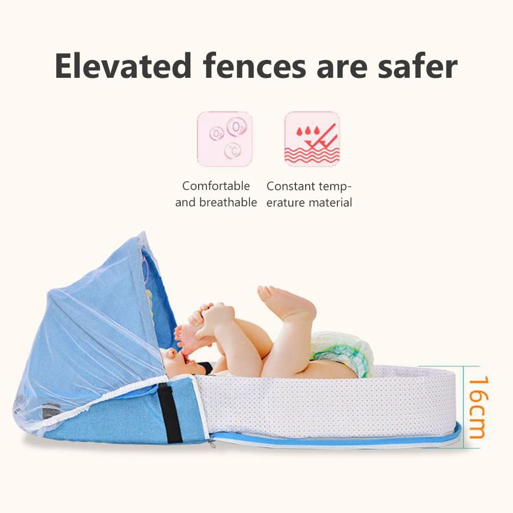 A Baby is Lying On the Portable Baby Bed.