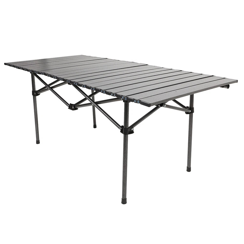 A Portable Camping folding table with a slatted top and a black metal frame, shown on a solid white background.