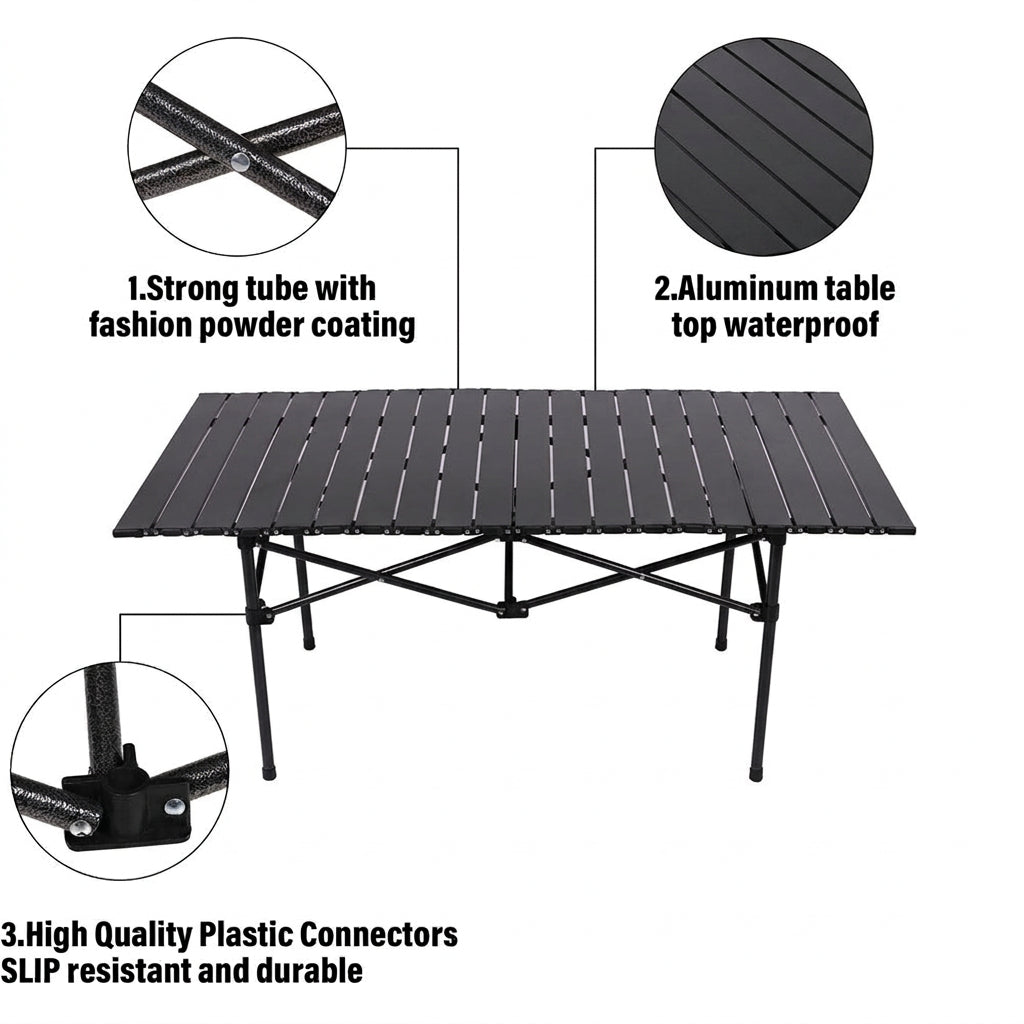 A folding outdoor table with a slatted top and black frame, shown on a white background with four circular detail callouts and Chinese text describing features such as powder-coated tubes, waterproof aluminum top, plastic connectors, and net storage.