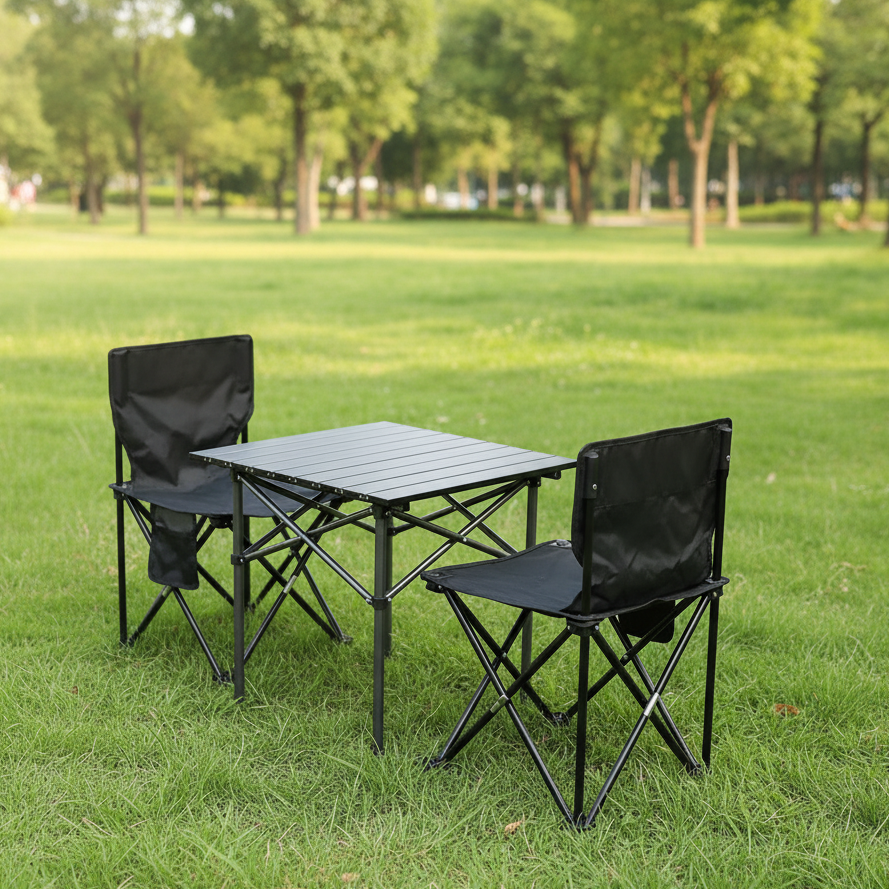 A Portable Camping Table and Chair Set is Arranged in Picnic Spot.