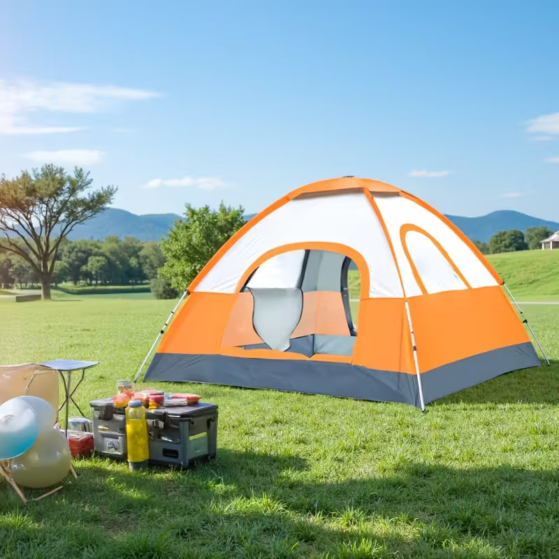 Portable Camping Tent is Set Down in a Camping Area.