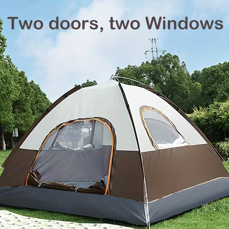 A Portable Camping Tent is Set Down at a Camping Area.