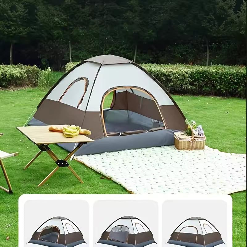 A Portable Camping Tent Is Set Down in a Picnic Area.