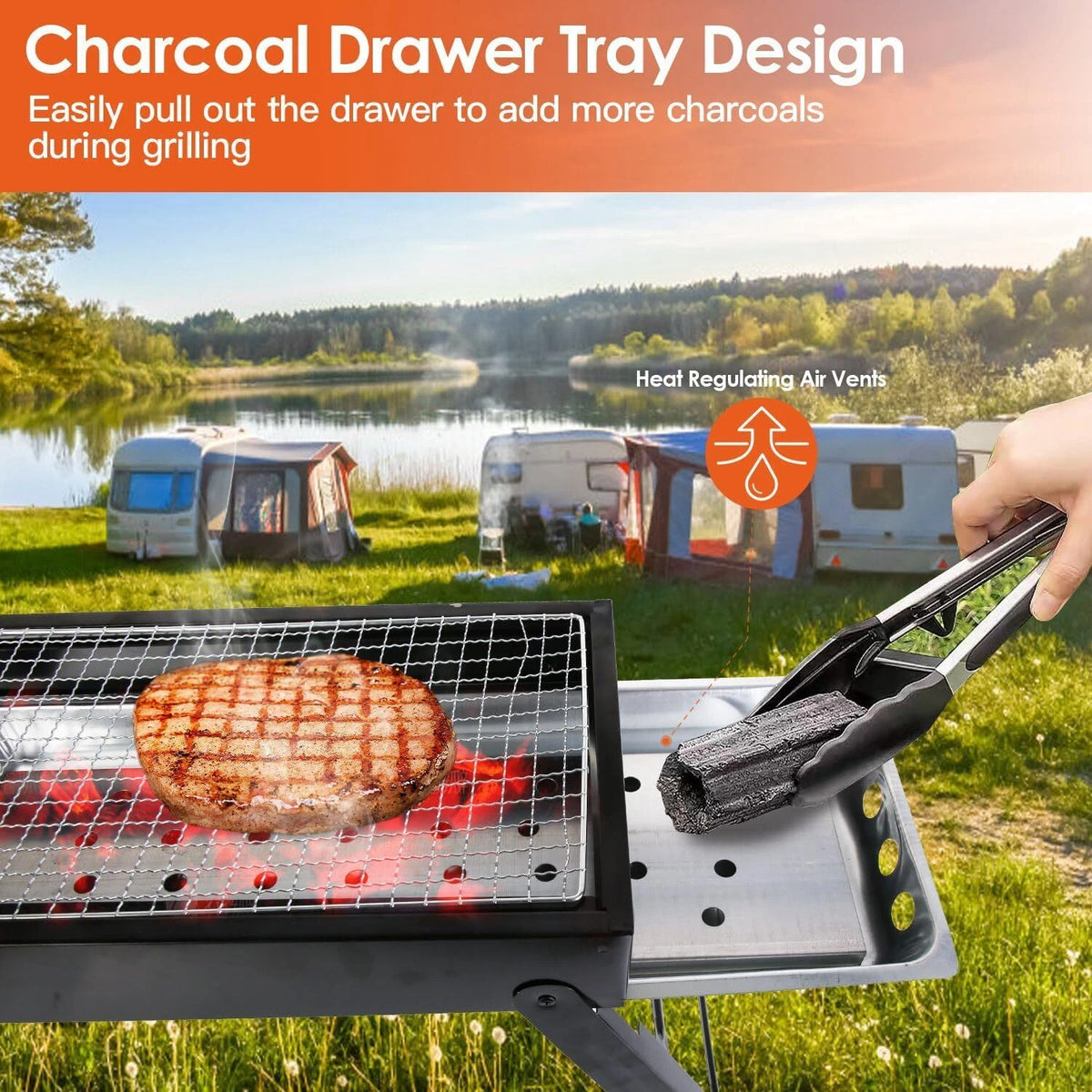 A Person is Placing Charcoal On to Portable Charcoal Barbecue Grill.