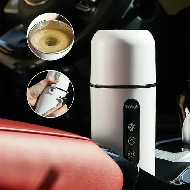 White Portable Coffee and Tea Car Heating Bottle Cup placed in a car