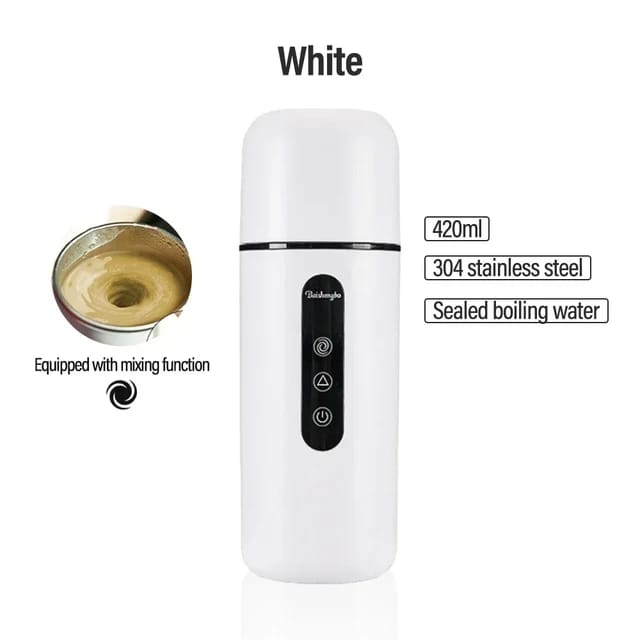 White Portable Coffee and Tea Car Heating Bottle Cup, highlighting its elegant design and specifying its capacity