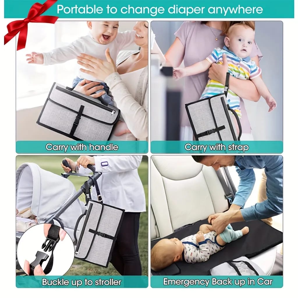 Parents Using Portable Diaper Changing Travel Mat Bag in Different Scenarios.