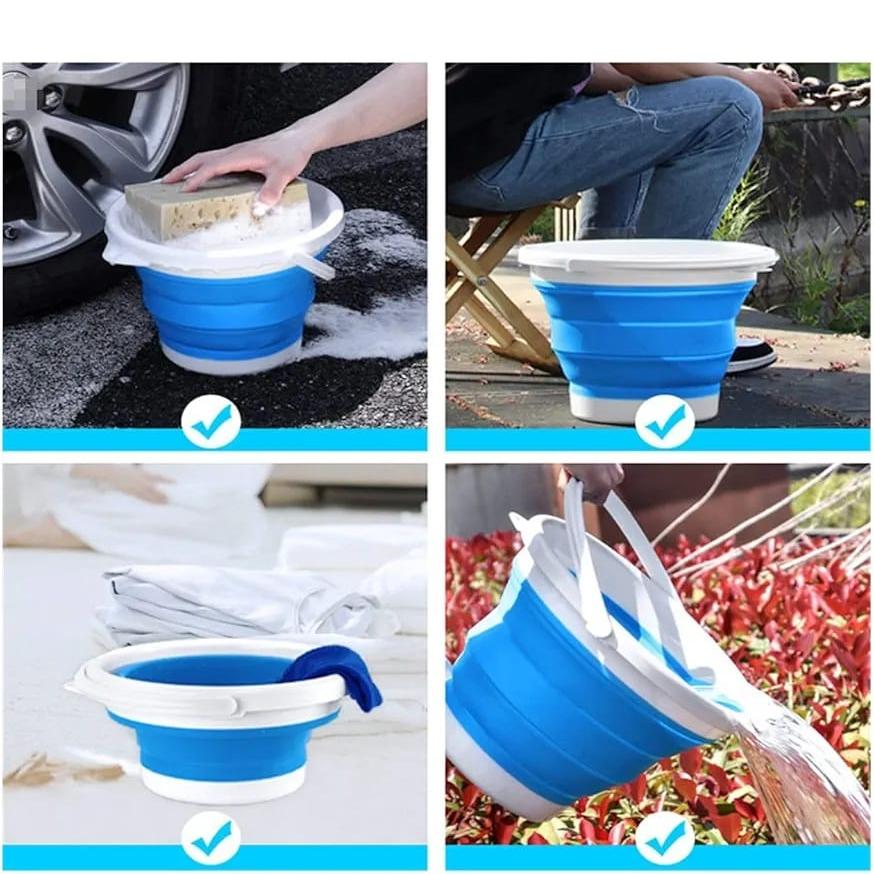 A Person is Using Portable Folding Bucket For Multiple Uses.