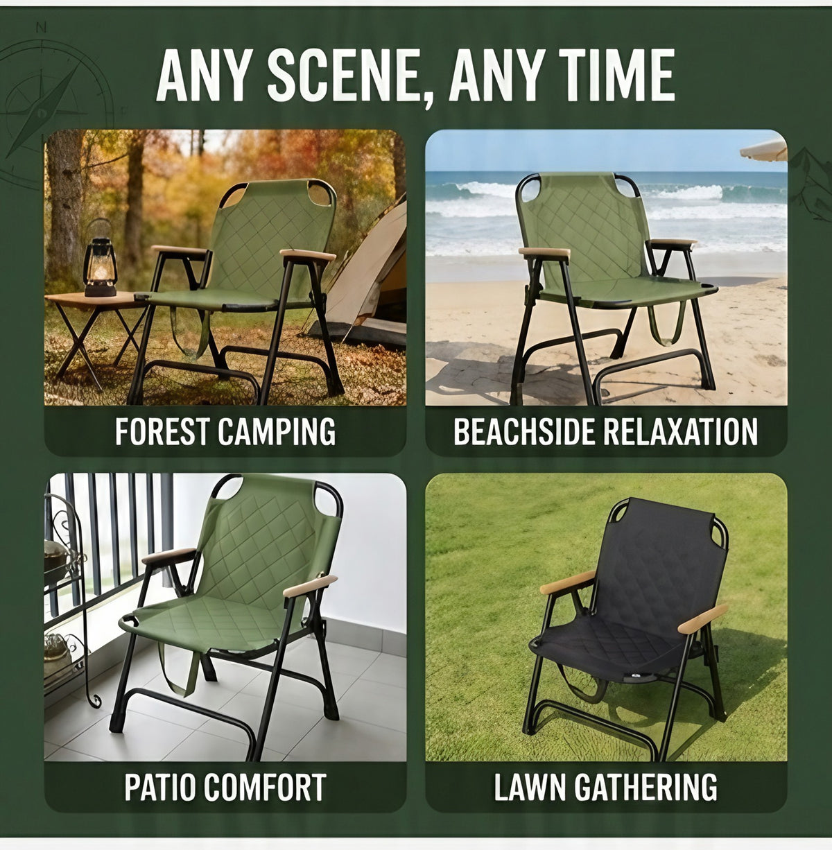 A promotional collage showing a folding camping chair in four lifestyle settings: forest camping, beachside relaxation, patio comfort, and lawn gathering. The chair is olive green with a quilted sling seat and back, black metal frame, and light wood armrests.