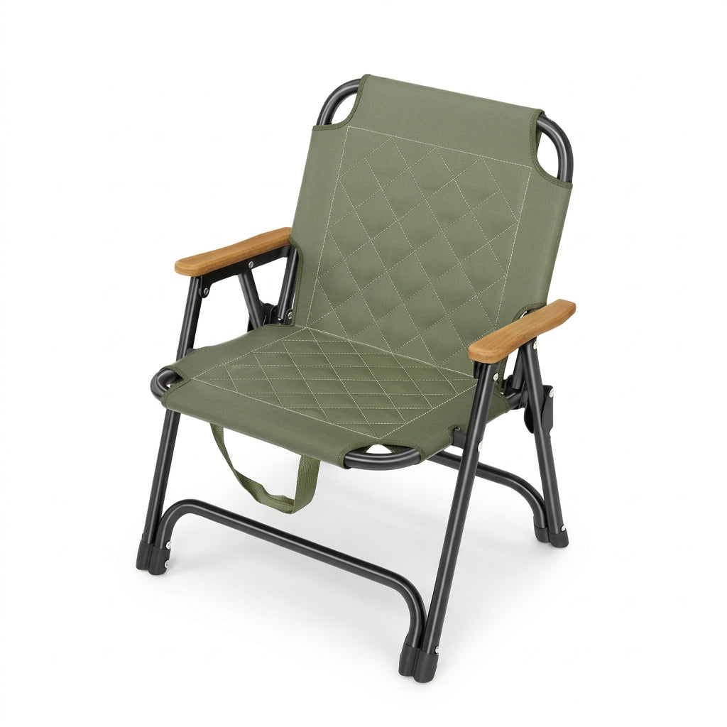 An olive green padded camping folding chair with a quilted diamond pattern on the seat and backrest, featuring light brown wooden armrests and a black metal frame, shown against a plain white background.