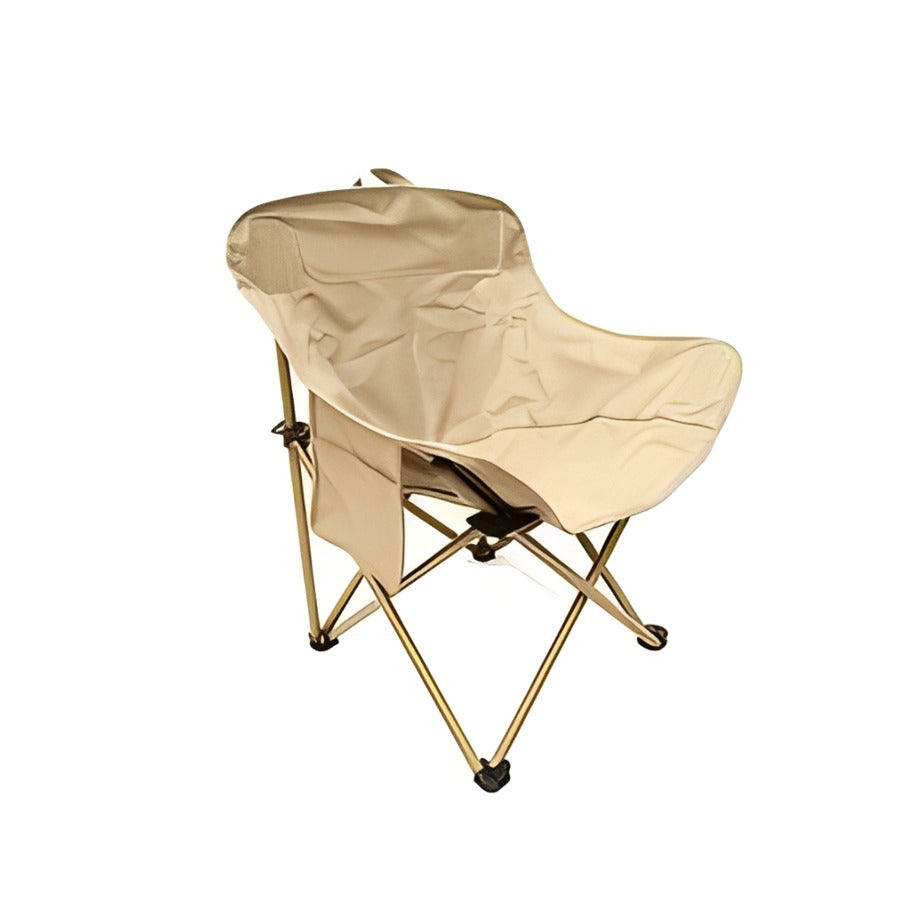 A beige portable folding camping chair.