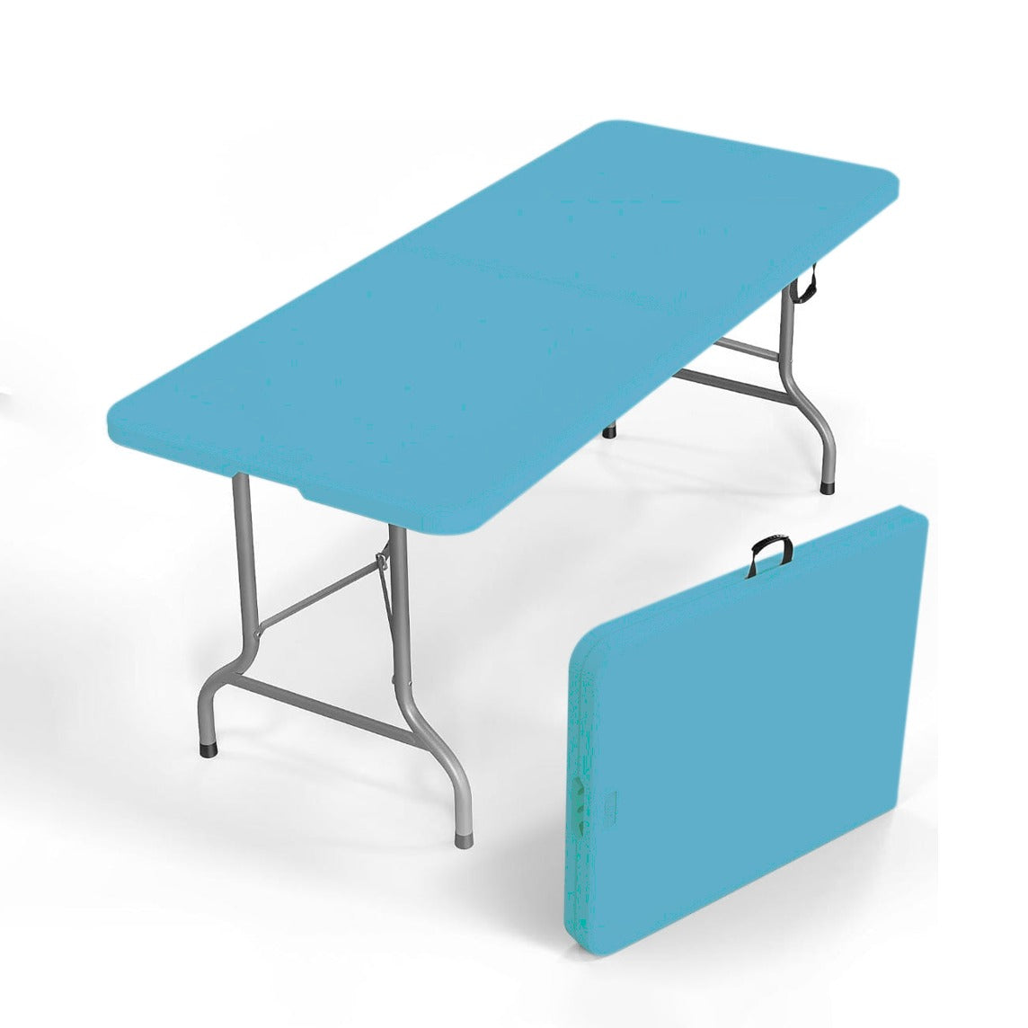 Portable Folding Indoor Outdoor Table in Blue Color.